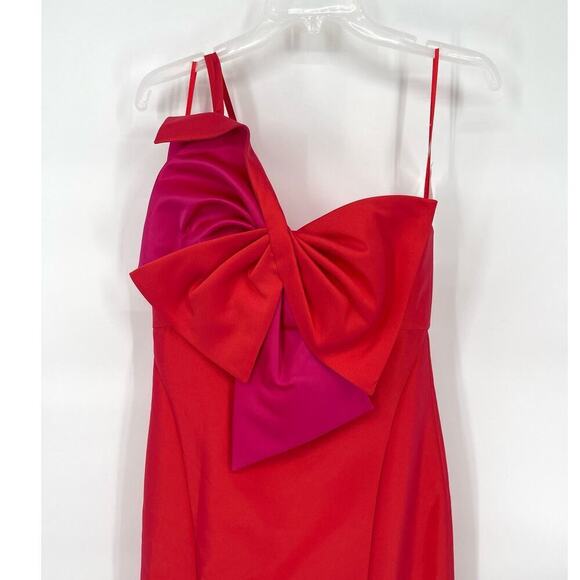 NWT Amsale Coral Fuchsia Duchess Satin Oversize Bow One Shoulder Gown size 6 - Picture 3 of 12